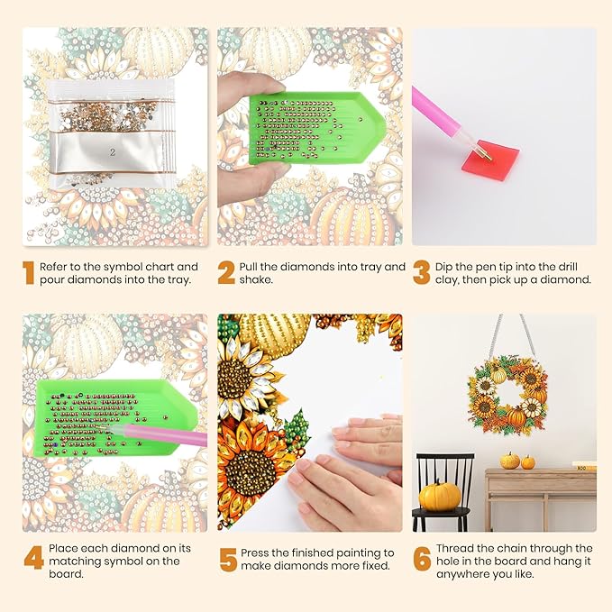 MXJSUA Halloween Special Shaped Hanging Pumpkins Wreath Diamond Painting Art Kits for Adults, Crystal Rhinestone Acrylic Gem Art Sunflowers Pendant Ornaments Kit for Home Decor and Gift 7.7*7.7 Inch