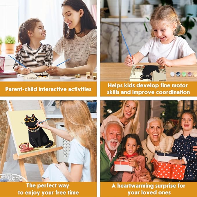 NEWENMO 4 Pack Paint by Number for Kids with Wooden Frame, Funny Cat Paint by Numbers for Kids Ages 8-12, Cute Cats, DIY Acrylic Oil Painting for Beginners for Home Wall Decor 8X8 inch