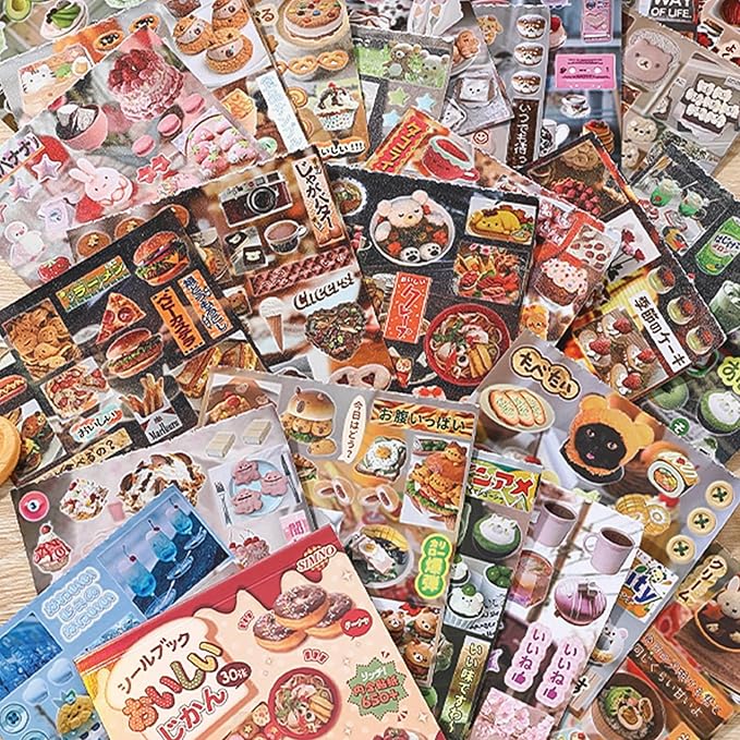 Japanese Sticker Book - Kawaii Food Theme - 30 Sheets Decorative Vinyl Decals for Journals, Planners & Accessories, Assorted Sushi Donuts Fruits Designs (Red)