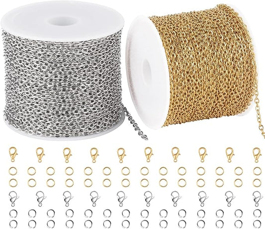 SMYHTGLIF Total 65.6 Feet Gold & Silver Jewelry Making Chains 2 Rolls Stainless Steel Chain for Jewelry Making Thin Oval Cable Chain Craft Chain Bulk