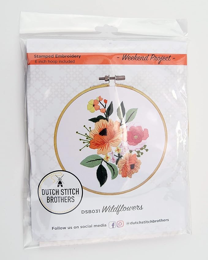 DUTCH STITCH BROTHERS Wildflower Embroidery Starter Kit with Pattern and Instructions. Stamped Embroidery Kits with Embroidery Clothes with Pattern. 6" Embroidery Hoop