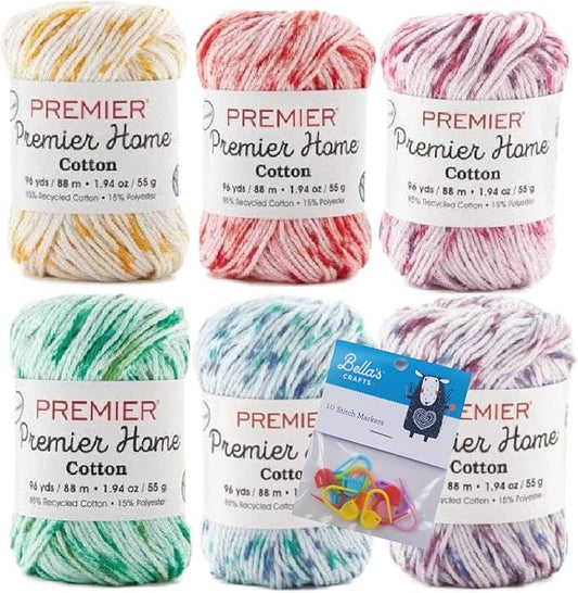 Premier Home Cotton Yarn 6-Pack Bundle with Bella's Crafts Stitch Markers (Speckle Asst #103)