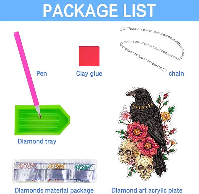VAIIEYO Skull Diamond Art Hanging Ornament, Crow Flower Diamond Painting Suncatchers Window Hanging Kit with Chain, 7.5x7.5 inch Crystal Pendant Art Craft for Gift Home Wall Front Door Decoration