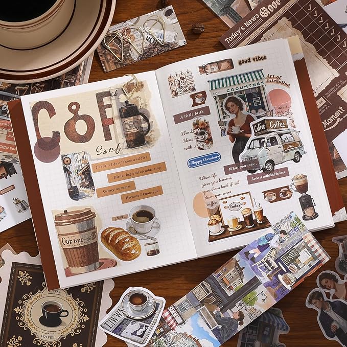 Scrapbooking Supplies Kit, Coffee Aesthetic Vintage Scrapbook Kit for Bullet Junk Journal A6 Grid Notebook Stationary Journaling Supplies DIY Craft Birthday Holiday Gifts for Women Kid Teen Girl
