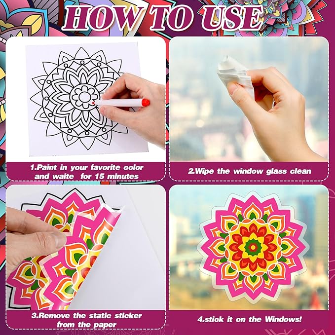 Frienda 36 Pcs Stained Glass Mandala Art Kit DIY Window Clings with Markers 6 Designs Holi Suncatchers Craft Color Your Own Spring Gift Crafts for Adults Seniors Beginners Women Elderly Home Decor