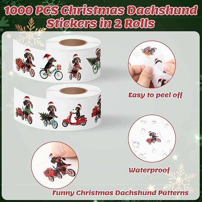 h1vojoxo christmas dachshund sticker rolls - 1000pcs funny christmas dachshund dog stickers 16 designs cute xmas dachshund realistic label tag seal sticker for kids craft envelope xmas party supply