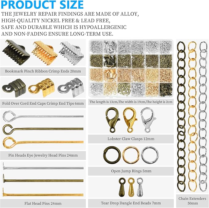 Jewelry Making DIY Kit Accessories, Jewelry Repair Tool Set with Ribbon Crimp Ends, Lobster Clasps, Head Pins, Eye Pins, Jump Rings, Extender Chain, Teardrop Dangle End Beads, Cord Crimp End Tips