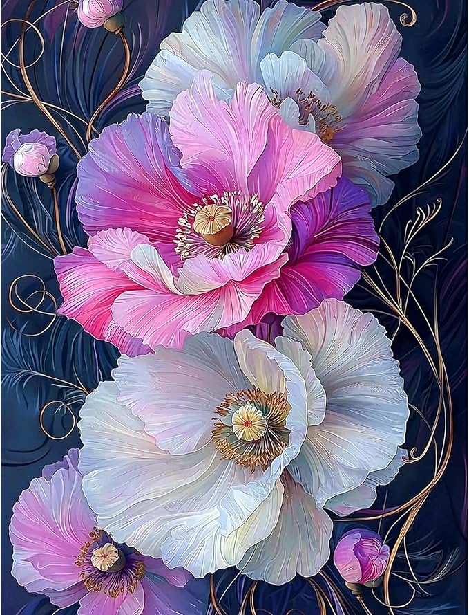 QENSPE Diamond Painting Art Kits for Adults, DIY Pink & White Flowers Full Drill Diamond Art for Beginners, 5D Round Diamond Dots Paintings Gem Art Crafts Home Wall Decor Gifts 30x40cm