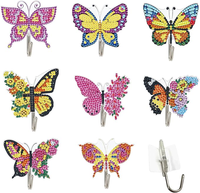 antor 8 Pack Butterfly Diamond Art Hooks, DIY Crystal Rhinestone Diamond Painting Wall Hangers Kit for Adults, Traceless Adhesive Hooks for Keys, Towels, Bags, Kitchen & Room Decor