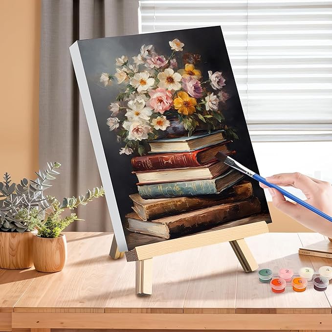 Book Paint by Numbers for Adults with Framed Canvas - with Wooden Easel, Paint by Number on Canvas Flowers, Acrylic Vintage Oil Painting Kit with Brushes Nice Gift Box for Home Wall Decor (12x16 inch)