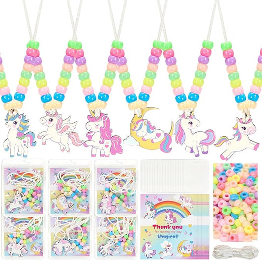 Bafeil 24 Set Unicorn Crafts Jewelry Necklace Making Kit, Wood Unicorn Charms with Pony Beads DIY Set for Arts and Crafts, Dress up, Birthday Party Favors, Gifts, Goodie Bag Stuffers, Group Prizes