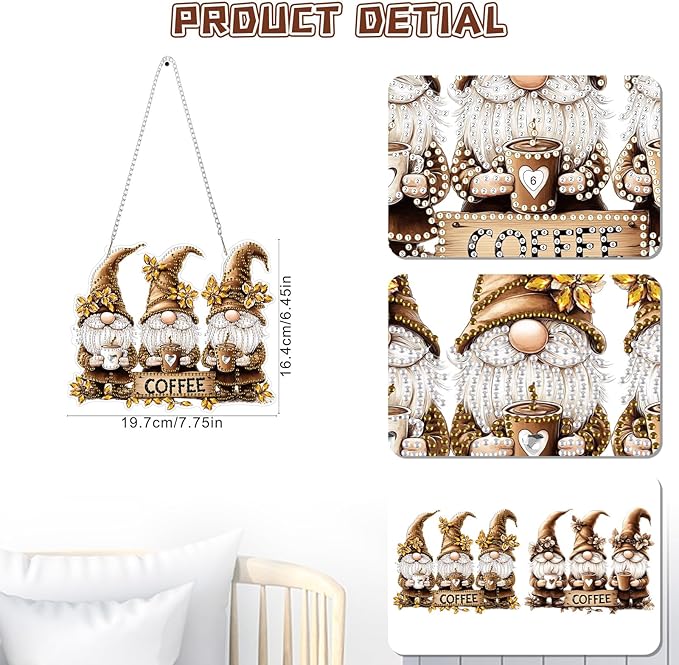 KEYIFA Diamond Painting Kit, DIY Gnomes Diamond Art Hanging for Adults Beginner, Coffee Gem Arts Pendant Special Shaped Rhinestone Window Ornaments Wall Door Garden Decoration Gift, Double Sided