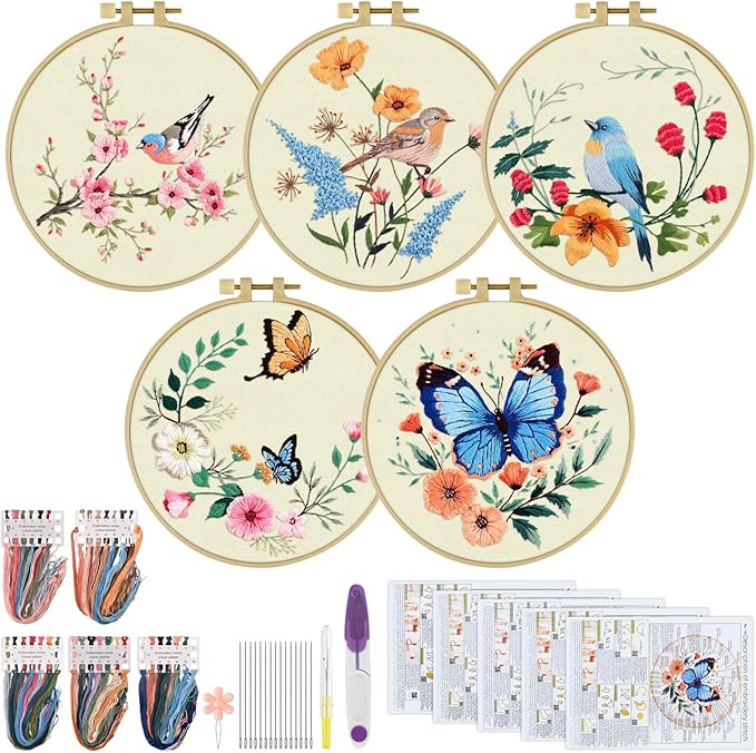 ERKOON 5 Sets Embroidery Kit for Beginners, Hummingbird Cross Stitch Set for Include Embroidery Cloth Hoops Threads for Craft Lover Hand Stitch (Hummingbird and Butterfly)