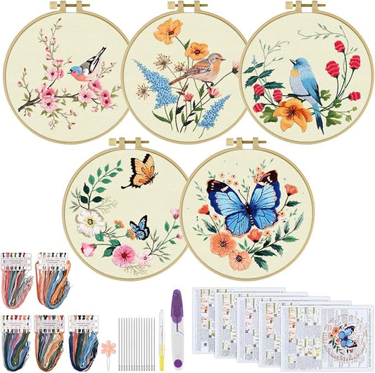 ERKOON 5 Sets Embroidery Kit for Beginners, Hummingbird Cross Stitch Set for Include Embroidery Cloth Hoops Threads for Craft Lover Hand Stitch (Hummingbird and Butterfly)