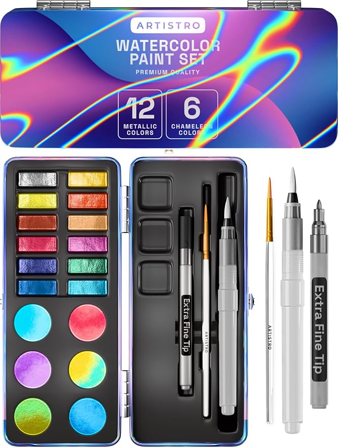ARTISTRO 48 Metallic Color Watercolor Paint Set - Portable Paint Art Kit with Palette and Brush Pens - Travel Water Color Set for Adults, Professionals, Kids - Art and Painting Supplies - Gift Idea