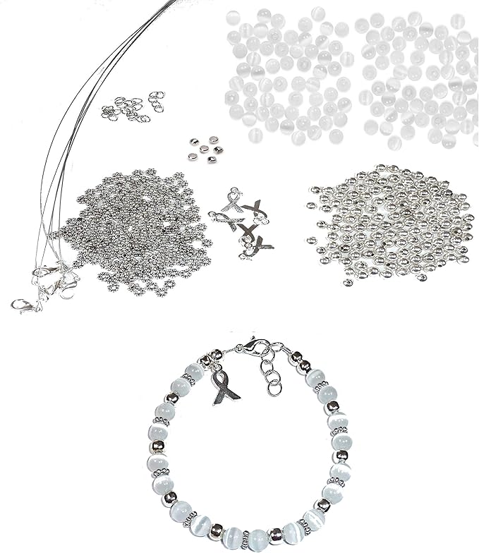 Hidden Hollow Beads DIY Craft Beading Kit, Everything to Make Cancer Awareness Bracelets, Uses Wire, Crimps and Clasps, Fundraising and Gifts (Bone and Cervical Cancers - White - Makes 5)