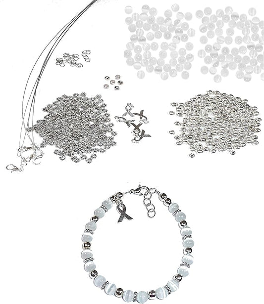 Hidden Hollow Beads DIY Craft Beading Kit, Everything to Make Cancer Awareness Bracelets, Uses Wire, Crimps and Clasps, Fundraising and Gifts (Bone and Cervical Cancers - White - Makes 5)
