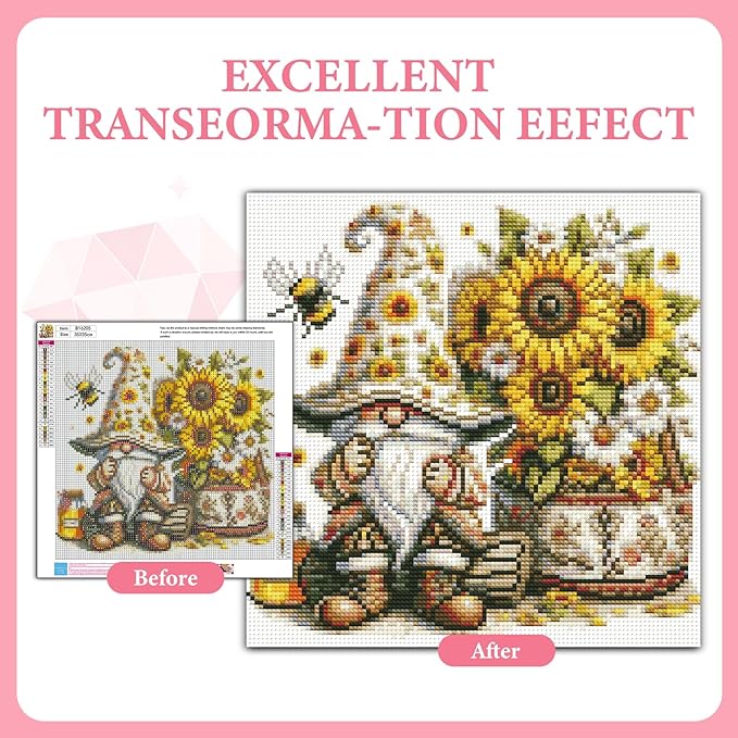 GEEHEIY Gnome Diamond Art Kits for Adults, 5D Gnome Diamond Painting Kits for Beginner, DIY Sunflower Gem Art Dots for Adults, Perfect for Home Wall Decor 14x14 Inch