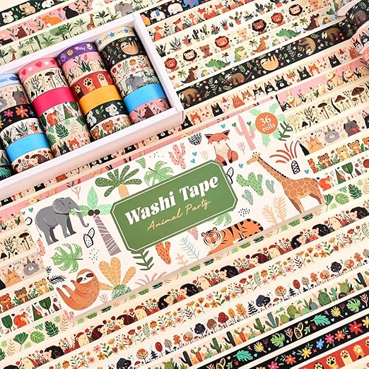 36 Rolls Animal Theme Washi Tape Set, Colorful Cute Adorable Animals Writable Decorative Tapes for Scrapbooking, Junk Journal Supplies, Bullet Journaling, 0.6"x79" per Roll