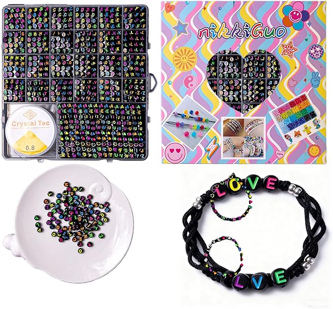 nikkiGuo 1250 PCS Letter Beads Kit with Elastic Cord – Alphabet A–Z, Numbers, Heart, Moon, Star, Smiley Beads for Friendship Bracelets & DIY Jewelry (Black Beats & Colorful Letters)