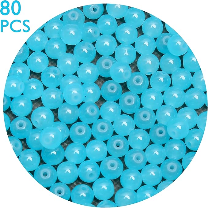 80PCs 10mm Aquamarine Jade Glass Beads Bulk, Round Smooth Hole Glass Crystal Beads for Jewelry Making, DIY Bracelets, Necklaces, Bag Charms, Keychains and Craft Projects