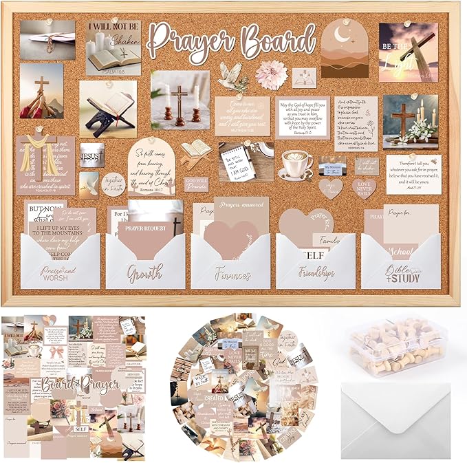 Prayer Board Kit Stickers - 162 Pcs Prayer Board Supplies with Pins Envelope Bible Verse Quotes Cards, Motivational Brown Scrapbook Stickers, Bible Study Supplies (Not Including Board)