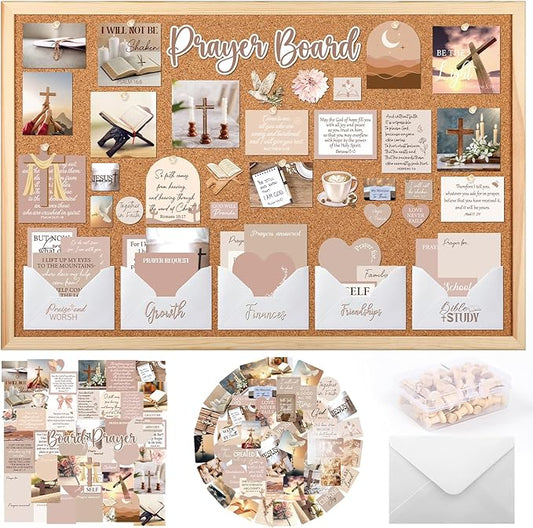 Prayer Board Kit Stickers - 162 Pcs Prayer Board Supplies with Pins Envelope Bible Verse Quotes Cards, Motivational Brown Scrapbook Stickers, Bible Study Supplies (Not Including Board)