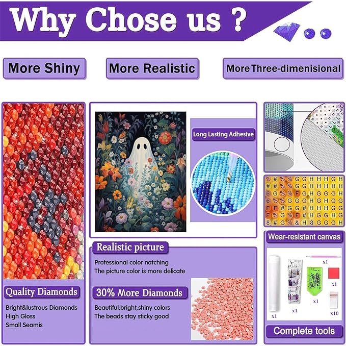 Gemozaic Spooky Diamond Painting Kits for Adults- Halloween Ghost Diamond Art Kits for Adults, Gem Art for Adult for Gift and Home Wall Decor 12x16 Inch