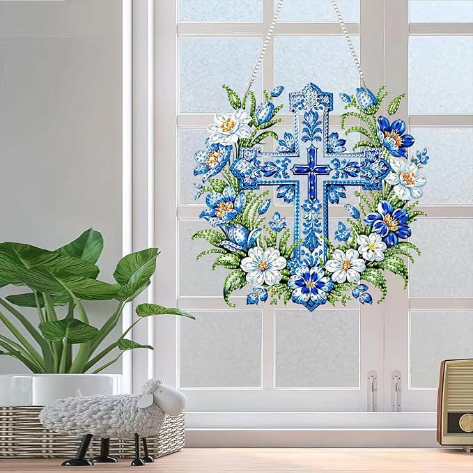 AIBOERL Diamond Art Hanging Kit for Adult,Special Shaped Rhinestone,Double Sided 5D DIY Acrylic Diamond Art Painting Window Pendants Home Garden Wall Hanging Kits Hanging Ornament (Cross)