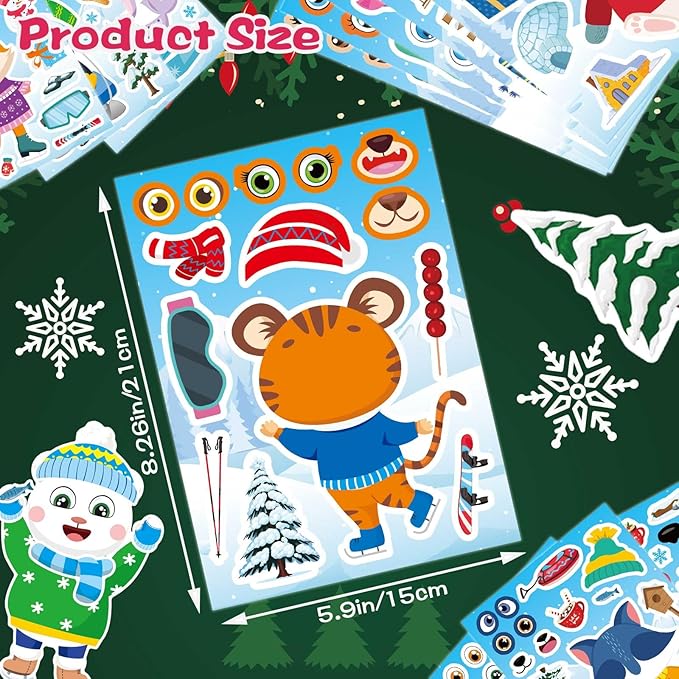 24 sheets winter stickers for kids toddlers, make-a-face sticker, make your own stickers with 12 designs of animal owl penguin snowman bear sticker for winter party decorations supplies