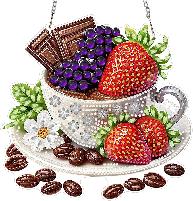 MXJSUA Strawberries Coffee Diamond Painting Art Window Suncatchers, Diamond Art Kits for Adults Hanging Ornaments with Chain, 5D Special Shape Crystal Diamond Pendant Accessories for Decor Gift