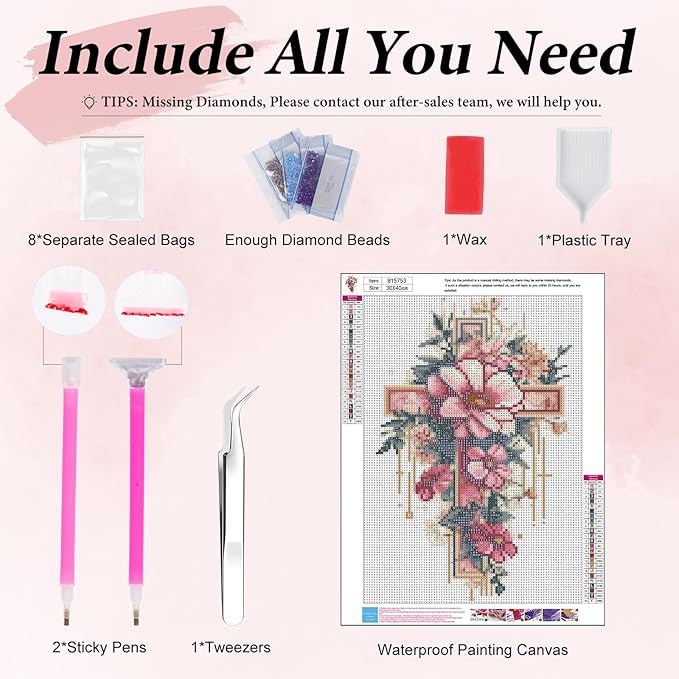 Yezavesu Cross Flower Diamond Art Kits for Adults, Religious 5D Diamond Painting Kit for Beginners, DIY Round Full Drill Painting with Gem Art Craft Kits for Home Wall Decor 12x 16 Inch