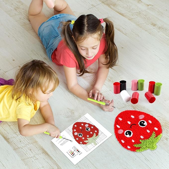 Strawberry Latch Hook Mini Rug Kit Strawberry DIY Valentine Craft for Kids Adults Beginner Making Your Own Crochet Carpet Printed Canvas Yarn Rug Hooking Kit Cross Sewing Christmas Gift for Home Decor
