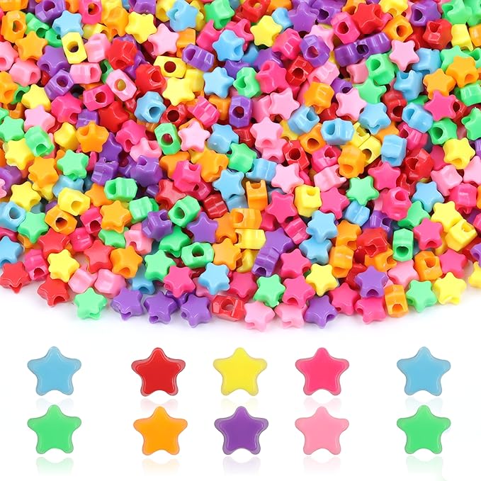 Star Pony Beads for Bracelets - 1000 Pcs, 6x9mm Plastic Stars in 8 Colors for Jewelry Making