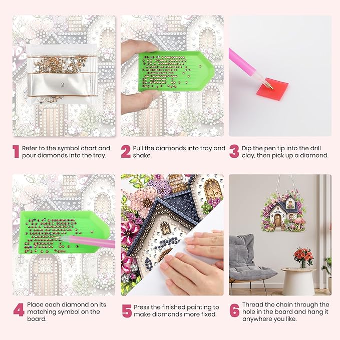 MXJSUA Diamond Art Hanging Kits for Adults Beginners, Flowers and Mushrooms Cottage DIY Acrylic Special Shaped Crystal Diamond Gem Art Pendant Drills Painting Ornament for Home Wall Decor and Gift