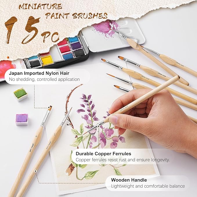 Golden Maple Detail Paint Brush Set, 15pcs Miniature Paint Brushes with Triangular Handles for Fine Detailing & Art Painting - Acrylic, Oil, Watercolors & Paint by Number, Models, Figurine, Craft