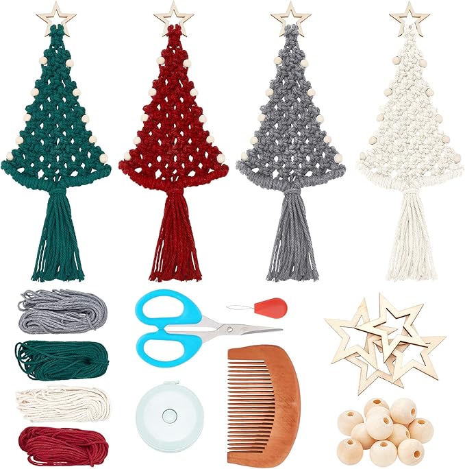 FREEBLOSS 4 Set Christmas Tree Macrame DIY Kit for Beginners Christmas Tree Hanging Ornaments for Holiday Wall Hanging, Come with Step by Step Tutorial