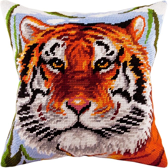 Brvsk Ferine Embroidery Kit for Adults and Beginners — Tiger 16″ × 16″ with Clear, Precise Printed Design on Cotton Canvas; Includes 2 Needles, Yarn, and Easy-Read Chart