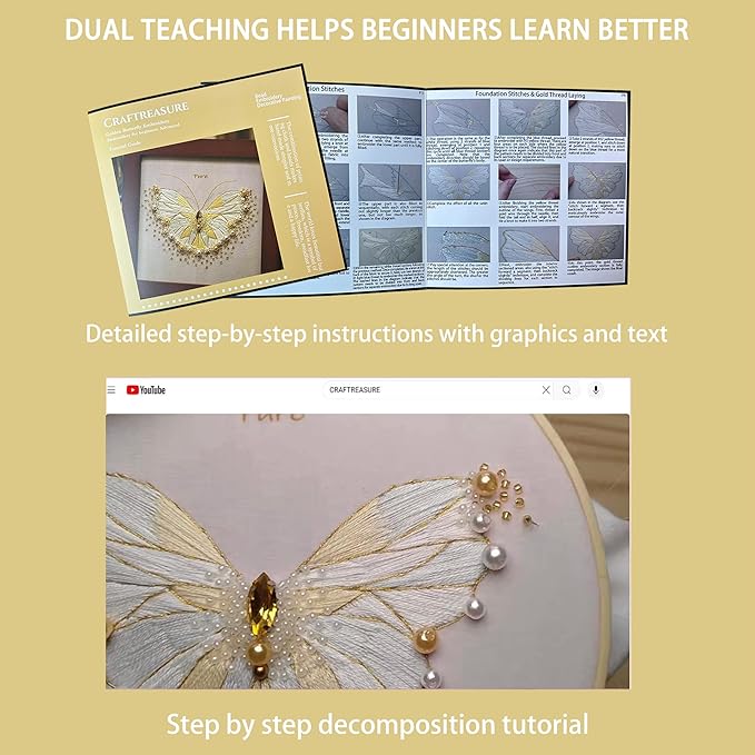 Craftreasure Beginner Embroidery Kit for Adults, Butterfly Cross Stitch Kits Include Embroidery Beads Threads Needles for Craft Lover Hand Stitch with Embroidery Skill Technique(Golden - Beginner)
