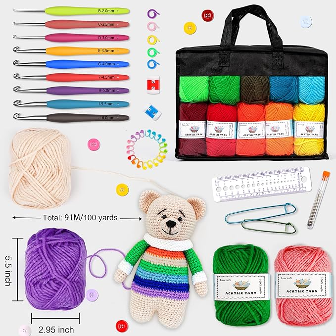 20 Large Acrylic Yarn Skeins-105 PCS Crochet Kit with Hooks Yarn Set, Premium Bundle Includes 2000 Yards Yarn Balls, Needles, Accessories, Ideal Starter Pack for Adults Beginner Professionals