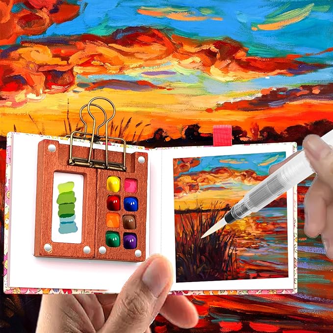 Pocket Wooden Paint Palette with Metal Clip, Water Colour Paints Sets with Sketchbook & Water Pen for Painters,Artists,Beginner (Rose-12 Colors, S-8 Grids)