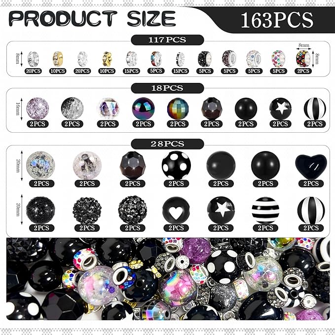 163 Pcs Pen Beads for Beadable Pens: Bubblegum Beads for Pen Making Bulk with Spacer Bead Rhinestone Bead (Black)