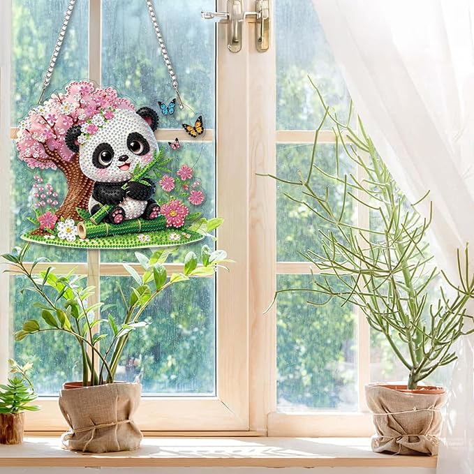 CEOVR Panda Diamond Painting Pendant, Animal Hanging Diamond Art for Adults, DIY Gem Art Wall Hanging Ornament, Acrylic Home Garden Decor with Chain, Box Kit 7.79×6.9inch