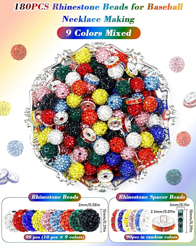 180pcs fiveizero 10mm rhinestone beads for jewelry making – sparkly round crystal clay beads & spacers in 9 mixed colors for bracelets, necklaces & diy crafts