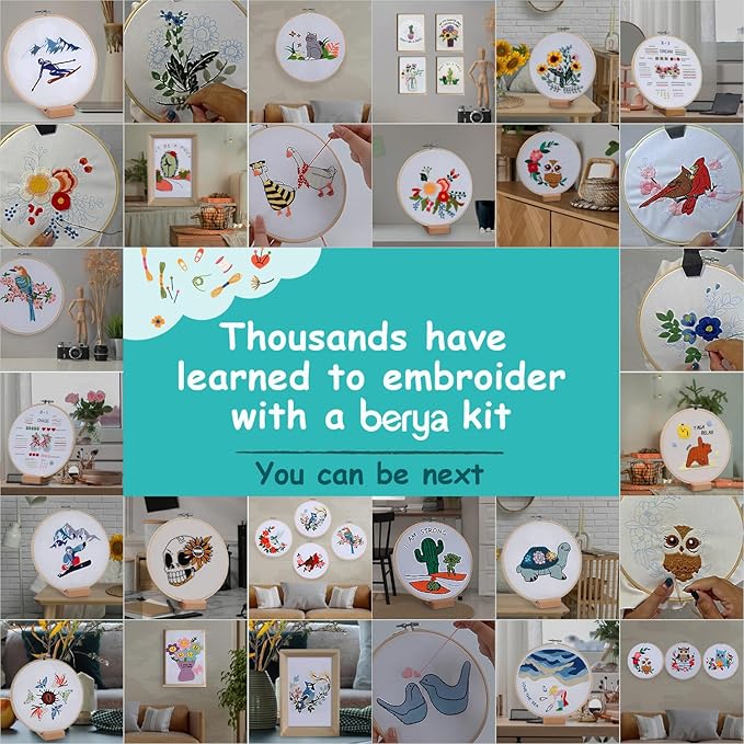 Embroidery Kit for Adult Beginners,Skiers Snow Mountain Embroidery Kit with Step-by-Step Instructions & Video,Printed Cloth,7.87" Hoop,Display Stand,Color Threads and Tools for Craft Lover(BES012)