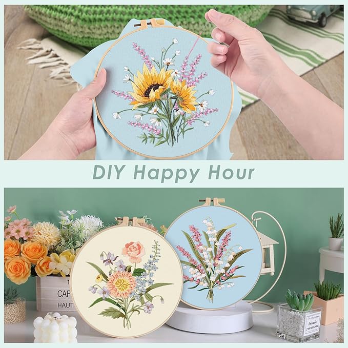 ERKOON Embroidery Kit for Beginners, 5 Sets Flower Cross Stitch Set for Adults Include Embroidery Cloth Hoops Threads for Craft Lover Hand Stitch with Skill Techniques (Bouquet)