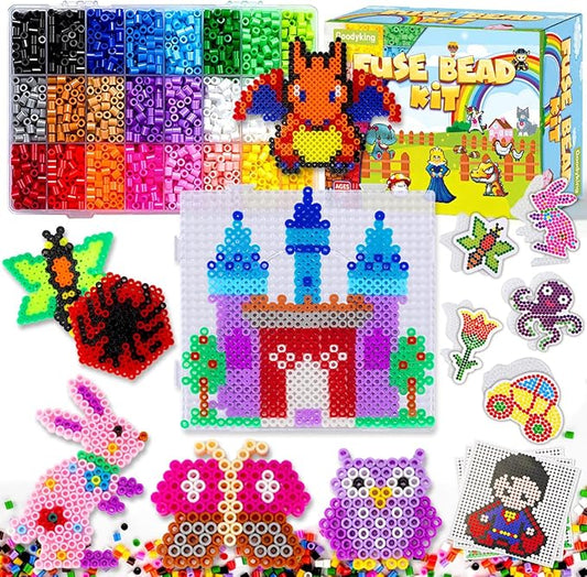Goody King Arts and Crafts Fuse Beads Kit for Kids with Instruction - 5mm Pixel Art Melty Plastic Beads Set with 111 Patterns, 21 Assorted Colors Plus - School Teens Kids Age 4 5 6 7 8 and up