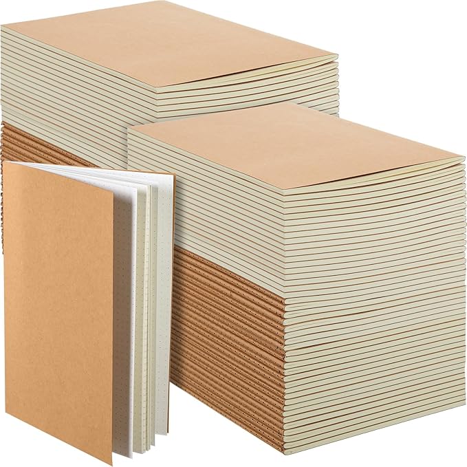mimorou 100 pcs journals notebooks bulk - kraft softcover a5 small notebooks 5.5 inch x 8.3 inch notepads with 60 page 30 sheet for writing sketch travel office supplies(brown,dot)