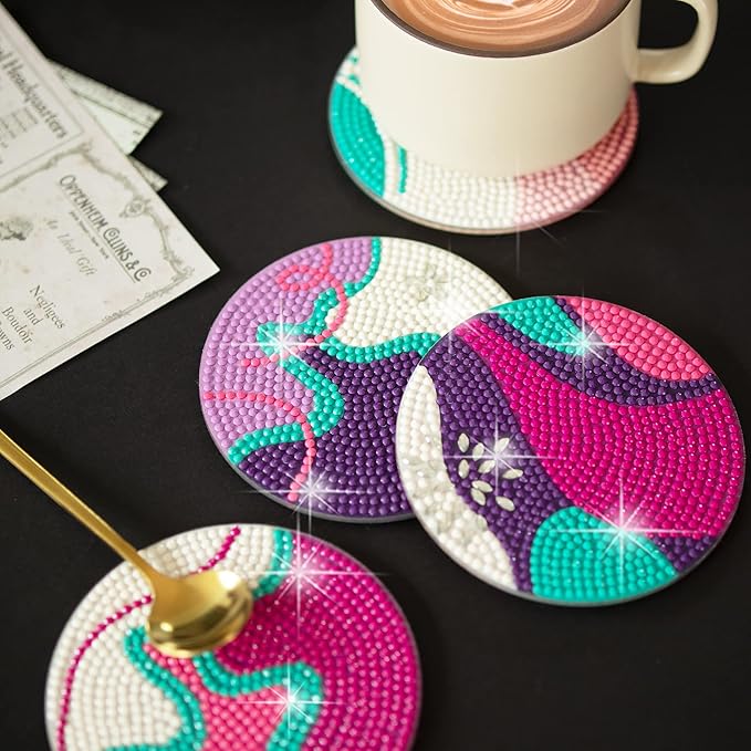 Temlum 6 Pcs Diamond Painting Coasters with Holder, Diamond Art Coasters Kits for Beginners, Adults Small Diamond Painting Kit Art Craft Supplies