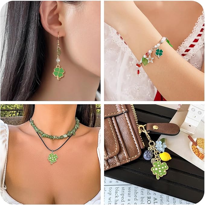 Cheriswelry 60Pcs Green Clover Charms Shamrock Four Leaf Lucky Pendants St. Patrick's Day Enamel Alloy Pendants 18-26mm for DIY Necklace Bracelet Earring Jewelry Crafts